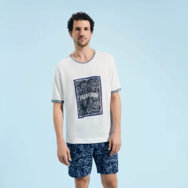 Vilebrequin T-Shirt Uomo In Lino Poulpes Bicolores Uomo Padre & Figlio Off White / Bianco Acquistare