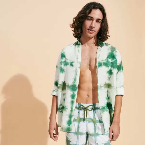 Camicia Uomo In Lino Tie & Dye Nuovo Prodotto Vilebrequin Camicie Emerald / Verde Uomo