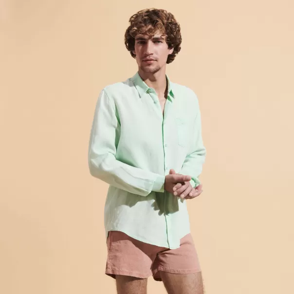 Uomo Verde Acqua / Verde Vilebrequin Accattivante Camicia Uomo In Lino Tinta Unita Camicie
