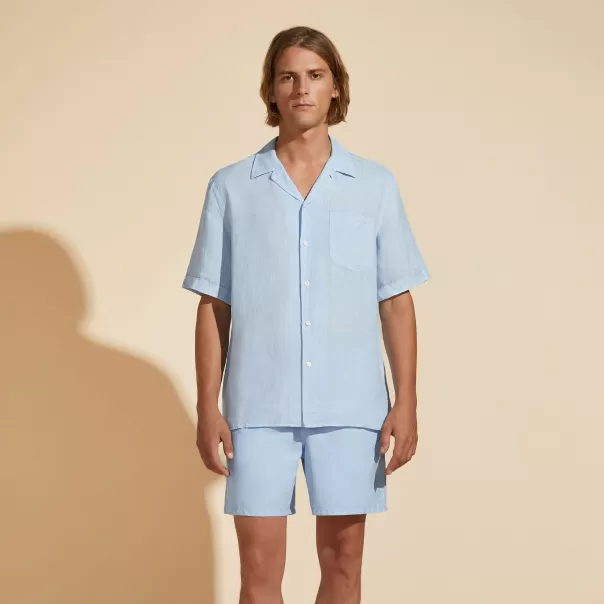 Camicia Bowling Uomo In Lino Tinta Unita - Vilebrequin X Highsnobiety Stiloso Camicie Chambray / Blu Uomo