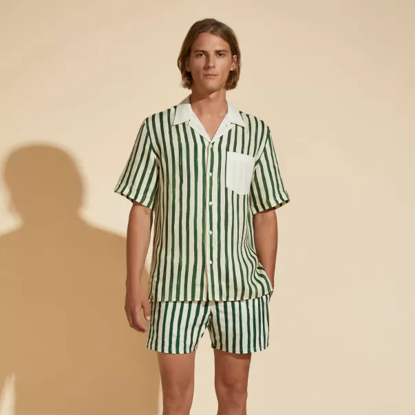 Etichetta Uomo Camicie Camicia Bowling Uomo In Lino Hs Stripes - Vilebrequin X Highsnobiety Garden / Verde
