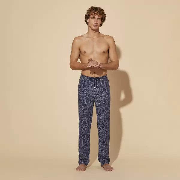 Uomo Pantaloni Uomo In Lino Con Stampa Blu Marine / Blu Vilebrequin Pantaloni Qualità
