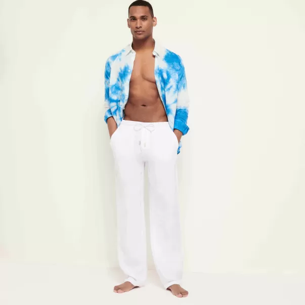 Uomo Men Linen Pants Solid 2024 Bianco / Bianco Pantaloni Vilebrequin