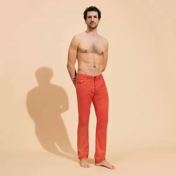 Tomato / Rosso Vilebrequin Pantaloni Jeans Uomo A 5 Tasche In Drill Di Lino Tinta Unita Consegna Uomo