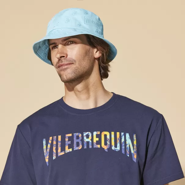 Vilebrequin Uomo Spedizione Cappelli Azzurro / Blu Embroidered Bucket Hat Tutles All Over